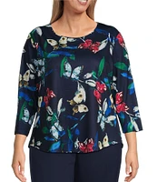 Allison Daley Plus Size Butterfly Print 3/4 Sleeve Crew Neck Knit Top