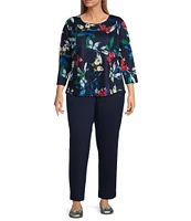 Allison Daley Plus Size Butterfly Print 3/4 Sleeve Crew Neck Knit Top