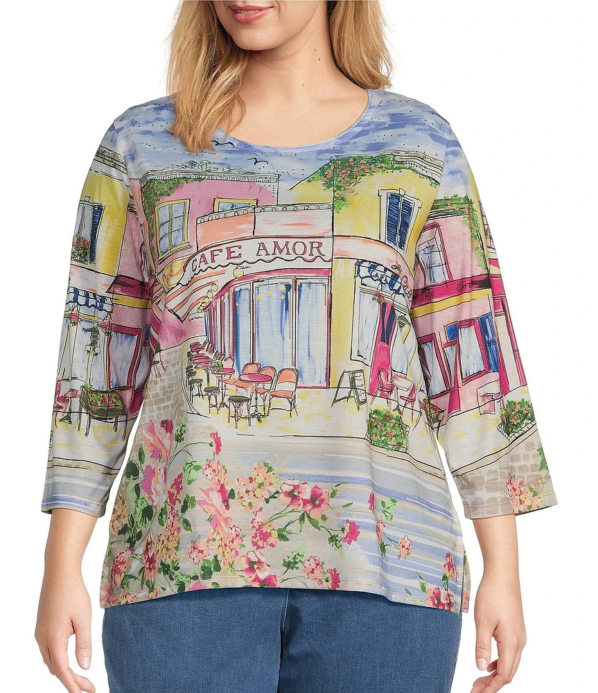 Allison Daley Plus Size Cafe Social Print 3/4 Sleeve Crew Neckline Knit Top