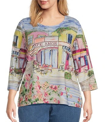 Allison Daley Plus Size Cafe Social Print 3/4 Sleeve Crew Neckline Knit Top