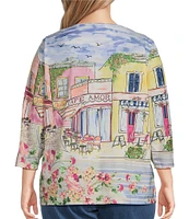 Allison Daley Plus Size Cafe Social Print 3/4 Sleeve Crew Neckline Knit Top