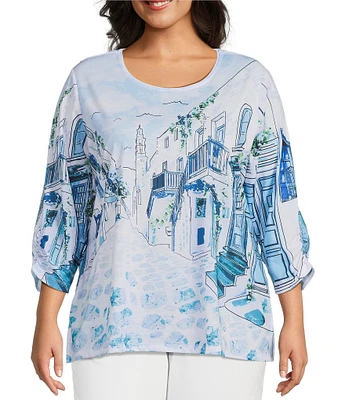 Allison Daley Plus Size Coastal Retreat Print 3/4 Ruched Sleeve Crew Neck Knit Top