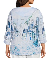 Allison Daley Plus Size Coastal Retreat Print 3/4 Ruched Sleeve Crew Neck Knit Top