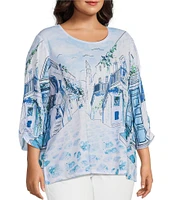 Allison Daley Plus Size Coastal Retreat Print 3/4 Ruched Sleeve Crew Neck Knit Top
