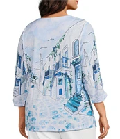 Allison Daley Plus Size Coastal Retreat Print 3/4 Ruched Sleeve Crew Neck Knit Top