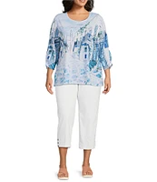 Allison Daley Plus Size Coastal Retreat Print 3/4 Ruched Sleeve Crew Neck Knit Top