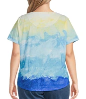 Allison Daley Plus Size Cool Sunset Print Short Sleeve Crew Neck Knit Top
