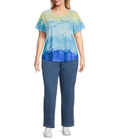 Allison Daley Plus Size Cool Sunset Print Short Sleeve Crew Neck Knit Top