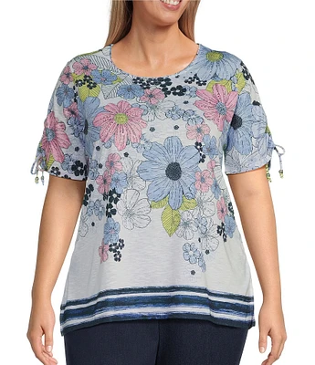 Allison Daley Plus Size Daisy Cascade Border Print Short Ruched Tie Sleeve Crew Neck Knit Top