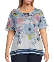 Allison Daley Plus Size Daisy Cascade Border Print Short Ruched Tie Sleeve Crew Neck Knit Top