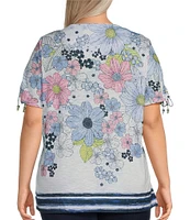 Allison Daley Plus Size Daisy Cascade Border Print Short Ruched Tie Sleeve Crew Neck Knit Top