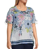 Allison Daley Plus Size Daisy Cascade Border Print Short Ruched Tie Sleeve Crew Neck Knit Top