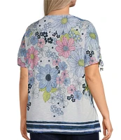 Allison Daley Plus Size Daisy Cascade Border Print Short Ruched Tie Sleeve Crew Neck Knit Top