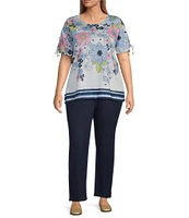 Allison Daley Plus Size Daisy Cascade Border Print Short Ruched Tie Sleeve Crew Neck Knit Top