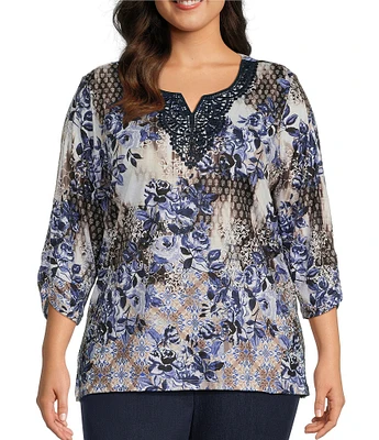 Allison Daley Plus Size Embellished Applique Split Round Neck 3/4 Ruched Sleeve Foulard Floral Print Knit Top