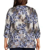 Allison Daley Plus Size Embellished Applique Split Round Neck 3/4 Ruched Sleeve Foulard Floral Print Knit Top