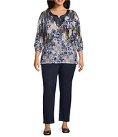 Allison Daley Plus Size Embellished Applique Split Round Neck 3/4 Ruched Sleeve Foulard Floral Print Knit Top