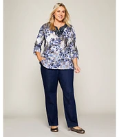 Allison Daley Plus Size Embellished Applique Split Round Neck 3/4 Ruched Sleeve Foulard Floral Print Knit Top