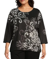 Allison Daley Plus Size Embellished Black/White Scroll Placement Print 3/4 Sleeve Crew Neck Knit Top