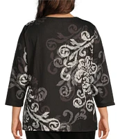 Allison Daley Plus Size Embellished Black/White Scroll Placement Print 3/4 Sleeve Crew Neck Knit Top