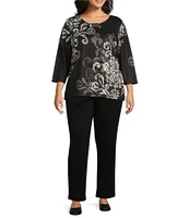 Allison Daley Plus Size Embellished Black/White Scroll Placement Print 3/4 Sleeve Crew Neck Knit Top