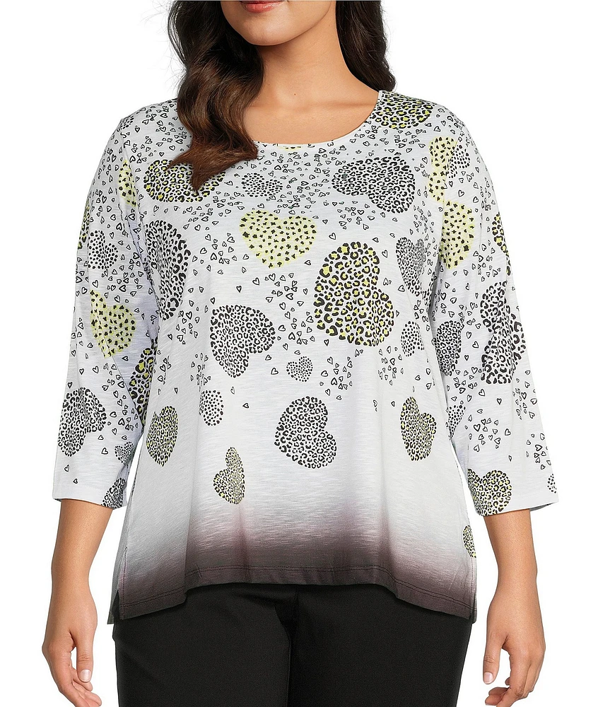 Allison Daley Plus Size Embellished Cascading Hearts Print 3/4 Sleeve Crew Neckline Knit Top