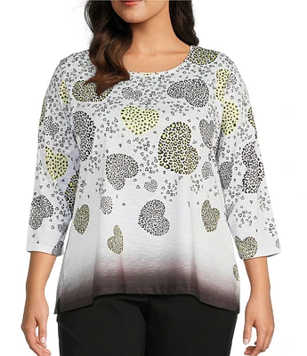 Allison Daley Plus Size Embellished Cascading Hearts Print 3/4 Sleeve Crew Neckline Knit Top