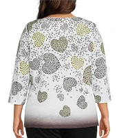Allison Daley Plus Size Embellished Cascading Hearts Print 3/4 Sleeve Crew Neckline Knit Top