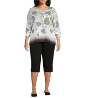 Allison Daley Plus Size Embellished Cascading Hearts Print 3/4 Sleeve Crew Neckline Knit Top