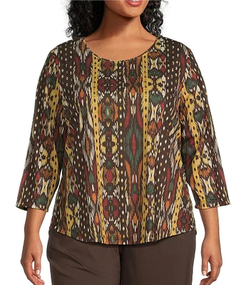 Allison Daley Plus Size Embellished Diamond Ikat Print 3/4 Sleeve Crew Neck Knit Top