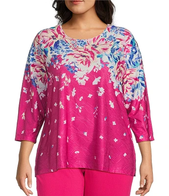 Allison Daley Plus Size Embellished Floral Print 3/4 Sleeve Crew Neck Linear Jacquard Knit Top