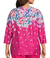 Allison Daley Plus Size Embellished Floral Print 3/4 Sleeve Crew Neck Linear Jacquard Knit Top
