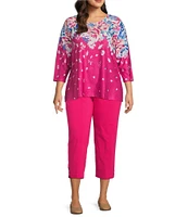 Allison Daley Plus Size Embellished Floral Print 3/4 Sleeve Crew Neck Linear Jacquard Knit Top
