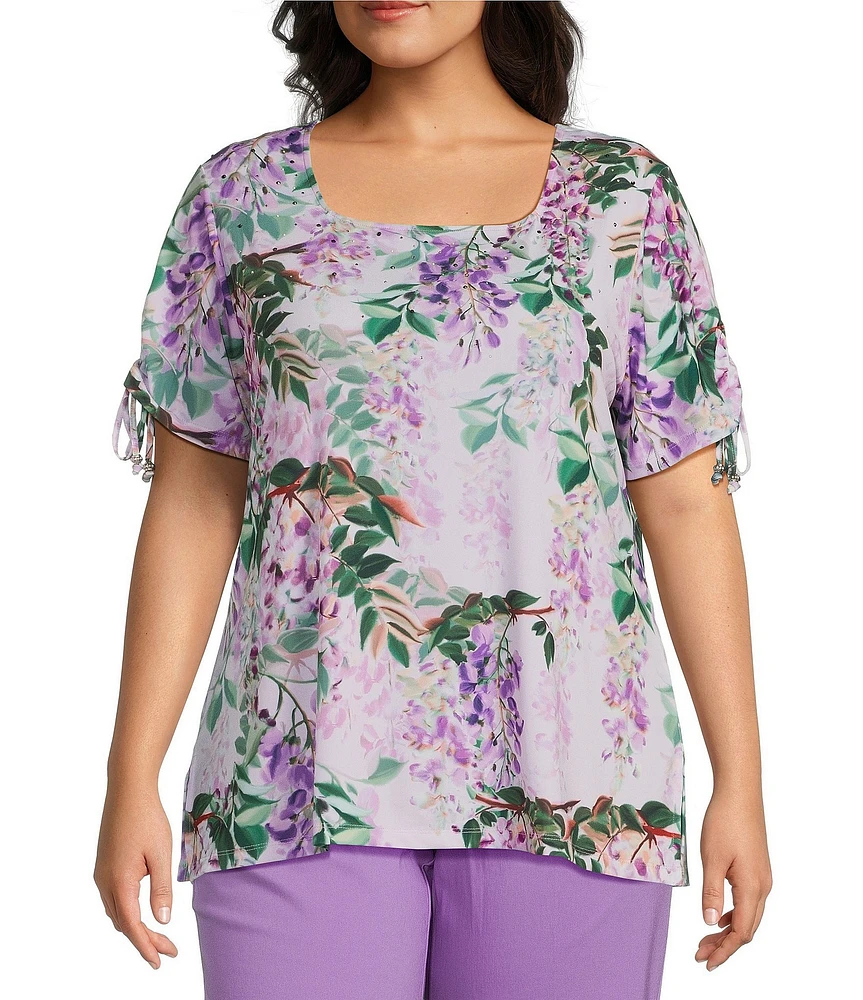 Allison Daley Plus Size Embellished Floral Print Short Ruched Tie Sleeve Square Neck Knit Top