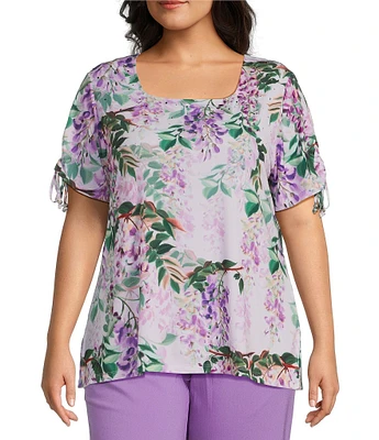 Allison Daley Plus Size Embellished Floral Print Short Ruched Tie Sleeve Square Neck Knit Top