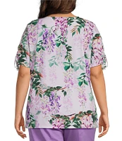 Allison Daley Plus Size Embellished Floral Print Short Ruched Tie Sleeve Square Neck Knit Top