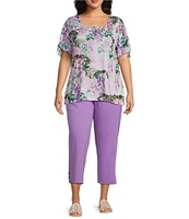 Allison Daley Plus Size Embellished Floral Print Short Ruched Tie Sleeve Square Neck Knit Top