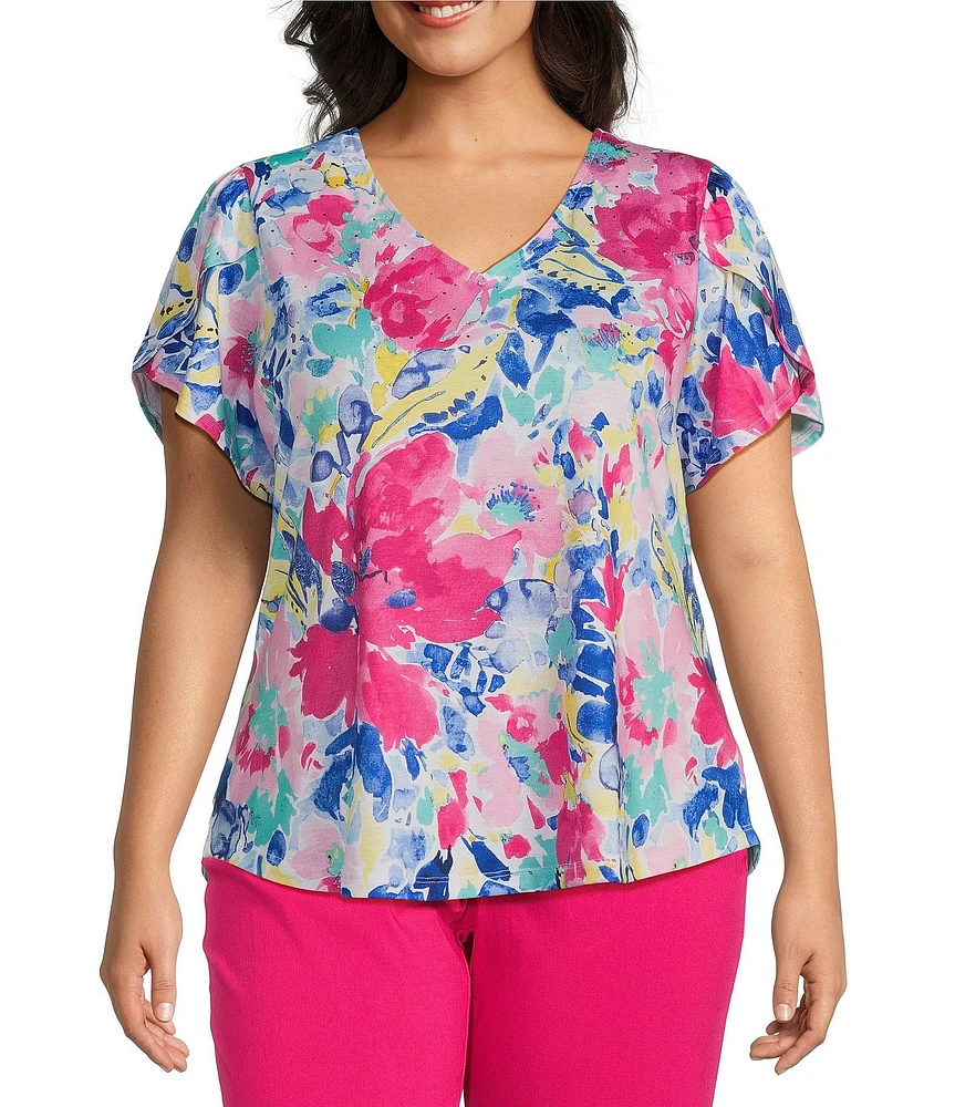 Allison Daley Plus Size Embellished Floral Print Short Tulip Sleeve V-Neck Knit Top