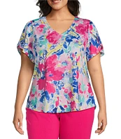 Allison Daley Plus Size Embellished Floral Print Short Tulip Sleeve V-Neck Knit Top