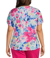 Allison Daley Plus Size Embellished Floral Print Short Tulip Sleeve V-Neck Knit Top