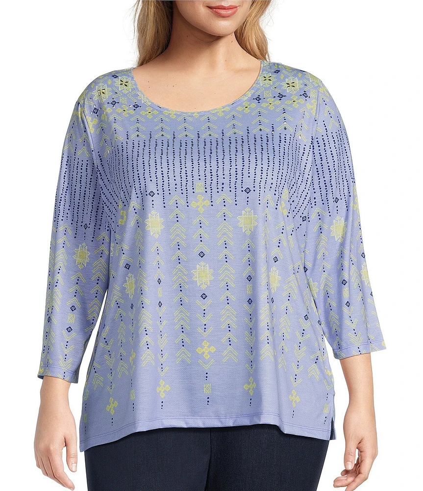 Allison Daley Plus Size Embellished Folk Stitch Print 3/4 Sleeve Crew Neck Knit Top