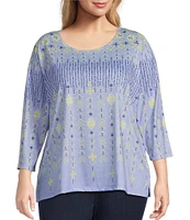 Allison Daley Plus Size Embellished Folk Stitch Print 3/4 Sleeve Crew Neck Knit Top