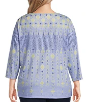 Allison Daley Plus Size Embellished Folk Stitch Print 3/4 Sleeve Crew Neck Knit Top