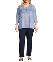 Allison Daley Plus Size Embellished Folk Stitch Print 3/4 Sleeve Crew Neck Knit Top