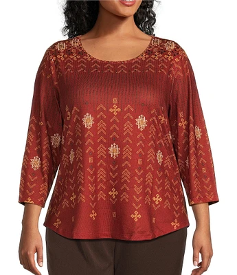 Allison Daley Plus Size Embellished Folk Stitch Spice Print 3/4 Sleeve Crew Neck Knit Top