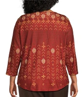 Allison Daley Plus Size Embellished Folk Stitch Spice Print 3/4 Sleeve Crew Neck Knit Top