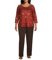 Allison Daley Plus Size Embellished Folk Stitch Spice Print 3/4 Sleeve Crew Neck Knit Top