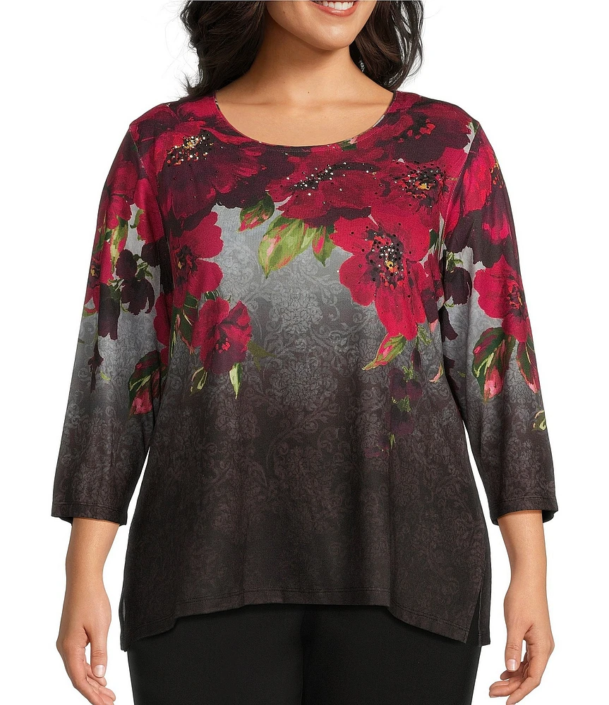 Allison Daley Plus Size Embellished Magnified Floral Print 3/4 Sleeve Scoop Neck Knit Top