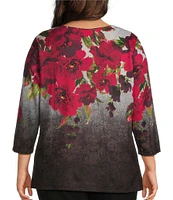 Allison Daley Plus Size Embellished Magnified Floral Print 3/4 Sleeve Scoop Neck Knit Top