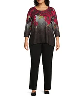 Allison Daley Plus Size Embellished Magnified Floral Print 3/4 Sleeve Scoop Neck Knit Top